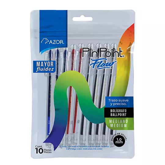 Bolígrafo mediano Pin Point Flow 1.0 mm colores surtidos bolsa con 10 pzas