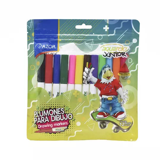 Marcador lavable Aquarelo Junior punta b ala 1 mm colores surtidos empaque 12 pzs