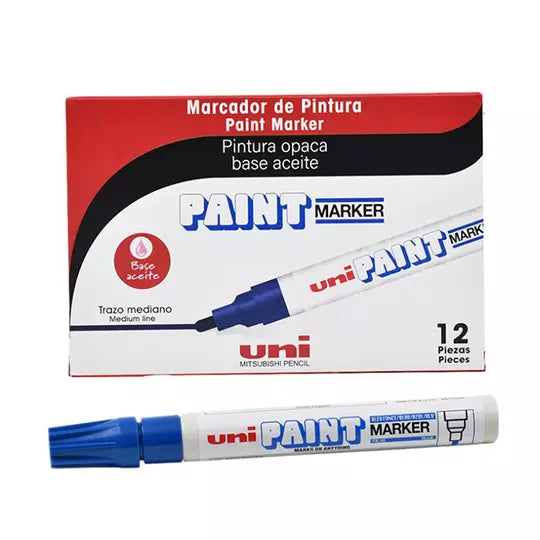 Marcador permanente UniPaint punta bala color azul caja con 12 pzas