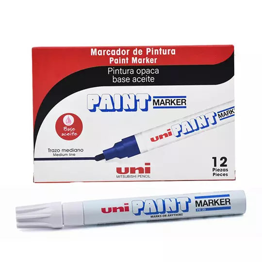 Marcador permanente UniPaint punta bala color blanco caja con 12 pzas