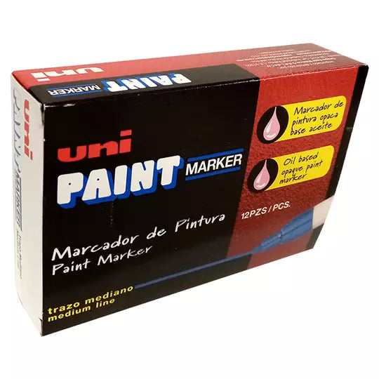 Marcador permanente UniPaint punta bala color oro caja con 12 pzas