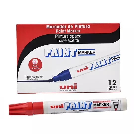 Marcador permanente UniPaint punta bala color rojo caja con 12 pzas