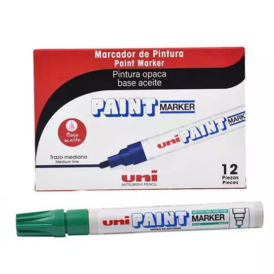 Marcador permanente UniPaint punta bala color verde caja con 12 pzas