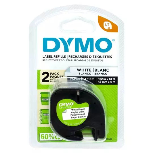 Cinta de papel DYMO Letratag negro sobre blanco de 12mmx4m blíster con 2 piezas