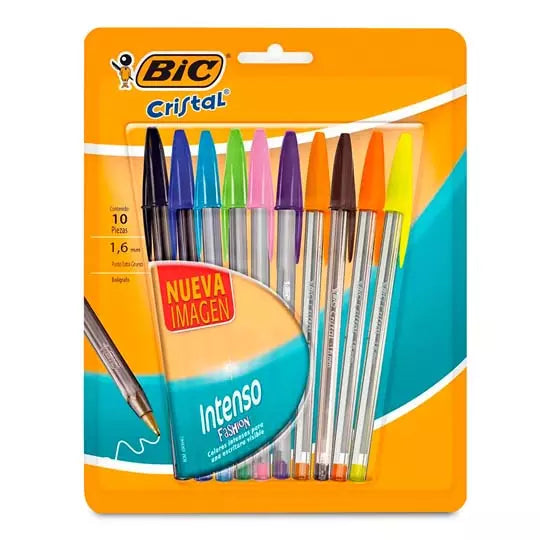 Bolígrafo BIC Cristal surtido punto extr a grueso 1.6 mm blíster con 10 colores