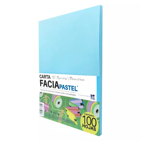 Paquete de hojas de color Facia Pastel t amaño carta color azul 75gr 100 hojas