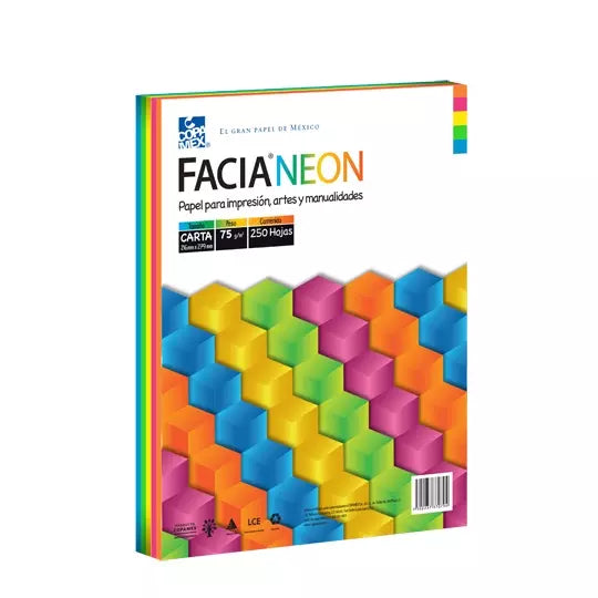 Paquete de hojas de color Facia Neon tam año carta mix 5 colores 75gr 250 hojas