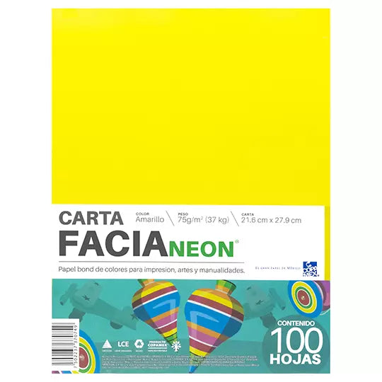 Paquete de hojas de color Facia Neon tam año carta color amarillo 75gr 100 hojas