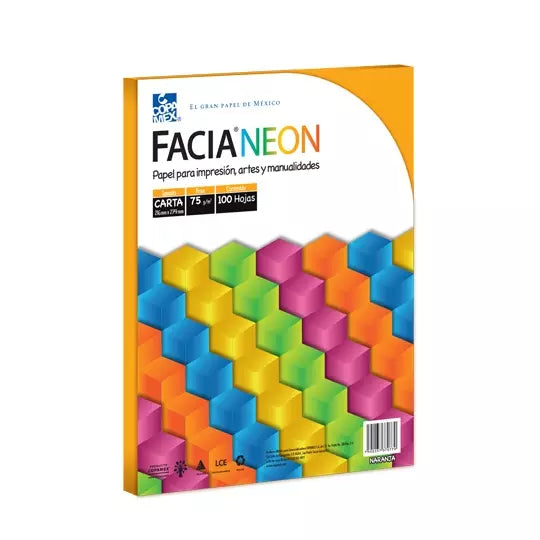 Paquete de hojas de color Facia Neon tam año carta color naranja 75gr 100 hojas