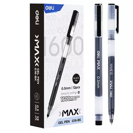 Boligrafo de gel Deli negro punto fino 0 .5 mm, caja con 12 pz