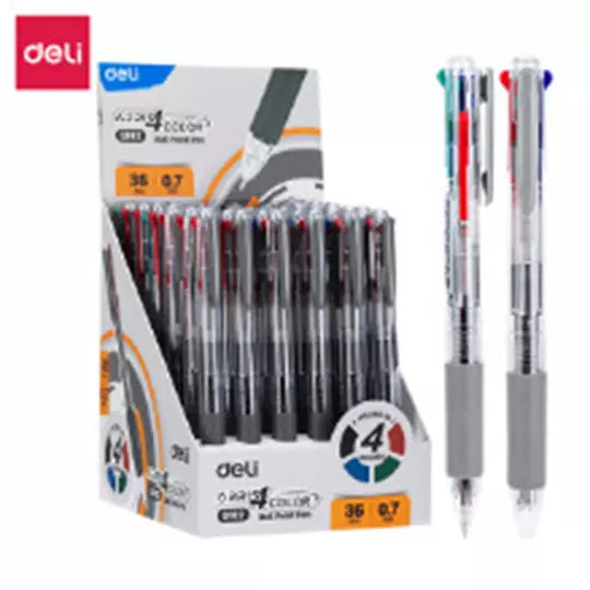 LM-Boligrafo Deli 4 en 1, colores basico s punto 1.0 mm caja con 36 pz