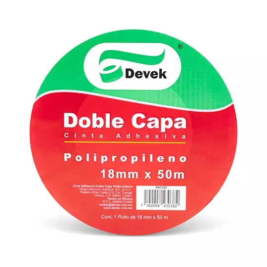 Cinta doble capa DEVEK 18 mm x 50 m colo r blanco, cinta de polipropileno