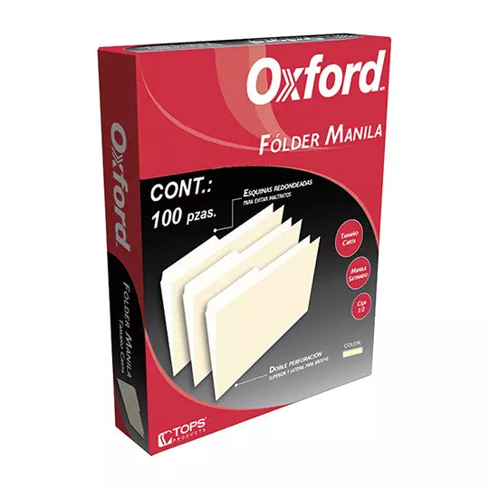Folder manila Oxford carta color amarill o ceja 1/2 caja con 100 pzas