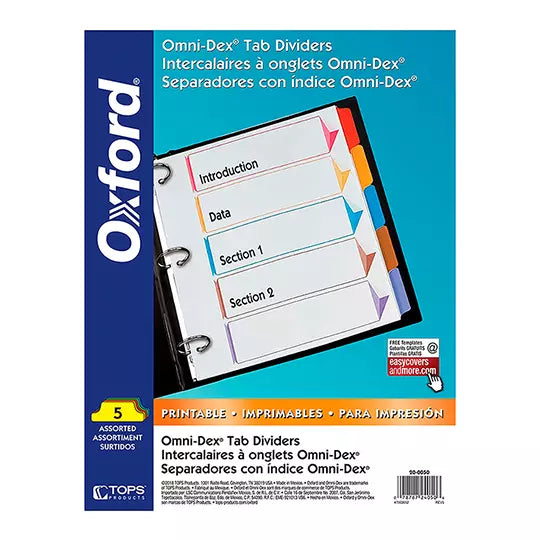 Separador con índice Oxford carta cejas de colores con 5 divisiones
