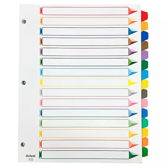 Separador con índice Oxford carta cejas de colores con 15 divisiones