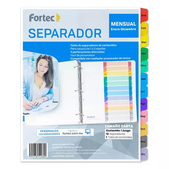 Separador con índice Fortec carta ceja d e colores mensual Ene-Dic