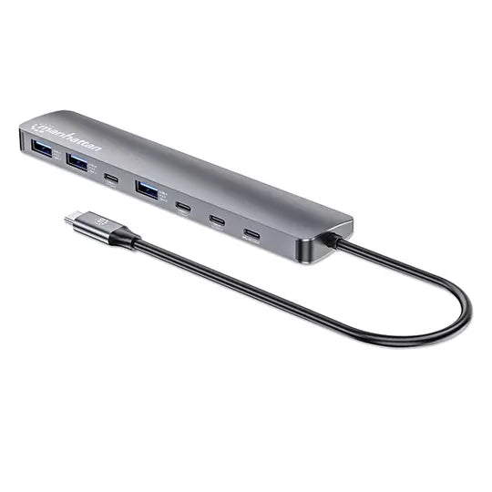 Manhattan Concentrador USB - USB Tipo C - 640MB/s, 1.25GB/s - Portátil, Unidad de estado sólido, Lector de tarjetas, Mouse, Teclado, Unidad flash, De Escritorio - Pórtatil - Gris - 7 Total USB Port(s) - PC, Mac