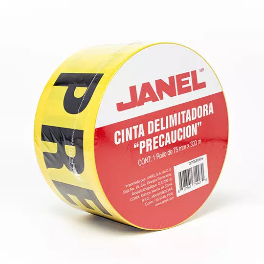 Cinta de señalizacion Janel 75 mm x 300 m, color amarillo PRECAUCION, 1 pieza