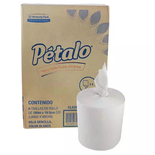 Toalla en rollo blanca Petalo de 180 m,c aja c/6 bobinas, fluido centrico