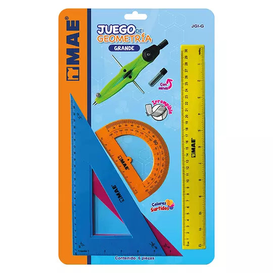 Juego de Geometría marca MAE Irrompible Grande con Compás Plástico