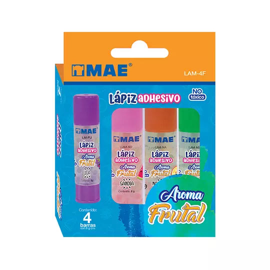 Lapiz adhesivo marca MAE transparente co n aroma frutal, 4 pzas