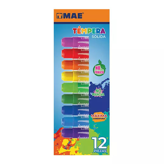Pintura Témpera marca MAE solida en barr a con 12 colores