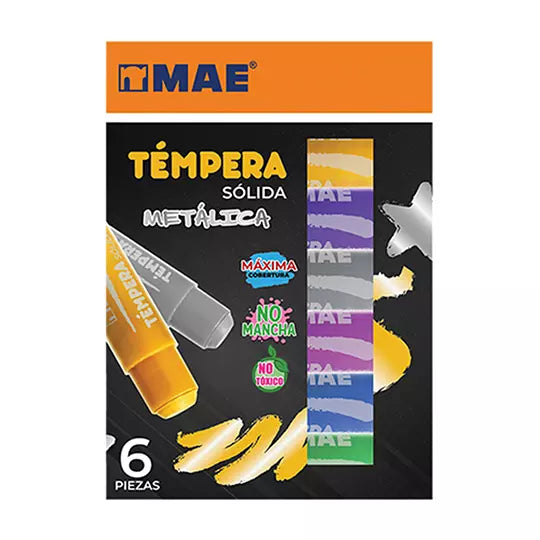 Pintura témpera solida marca MAE en barr a con 6 colores metálicos