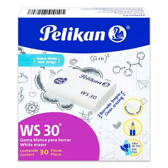 Goma Pelikan WS30 plástica blanca caja c on 30 piezas