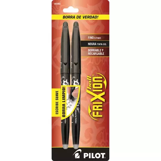 Bolígrafo fino Frixion Ball Pilot tinta gel borrable, negro, blister 2 piezas