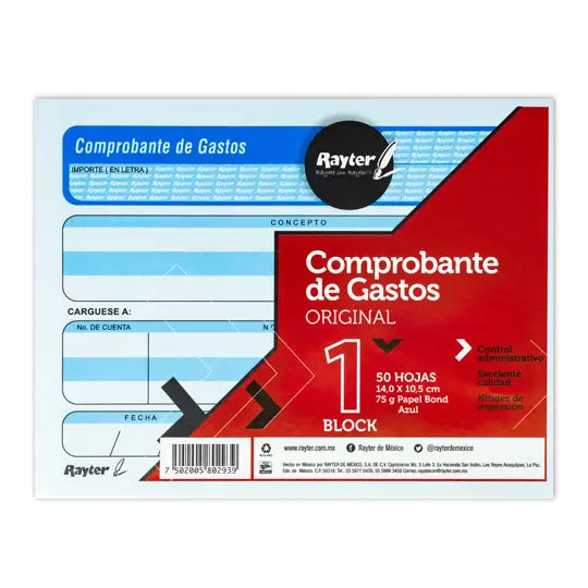 Comprobante de gastos Rayter, 1/4 de car ta, color azul, block 50 hojas