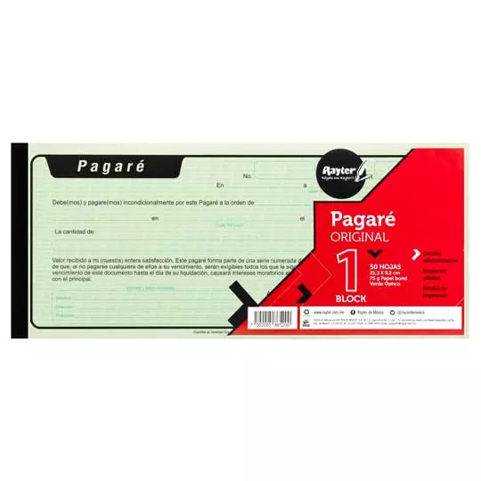 Pagare Rayter, 1/3 de carta, papel verde , block 50 hojas blíster con 2