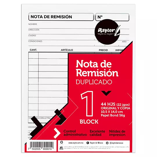 Remisión Rayter  1/4 duplicado blíster c on 6, color blanco, 22 juegos