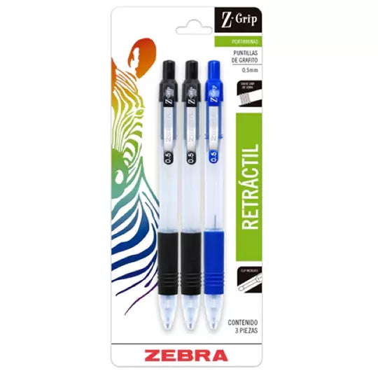 Portaminas ZEBRA Z-Grip punto fino 0.5 m m surtido blíster c/3 piezas