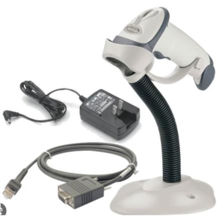 Escaner Alambrico Zebra LS2208 1D Laser con  Serial RS232 / DB9 (CBA-R01-S07PBR) Fuente de poder (PWR-WUA5V4W0US) Base (20-61019-01R) HC/Blanco
