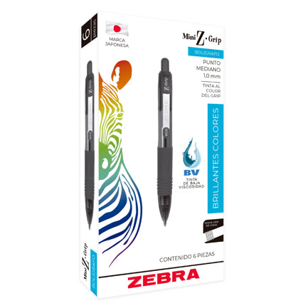 Bolígrafo Zebra Mini Z-Grip Retráctil Punto Mediano 1.0mm Color Azul C/6 Pzas