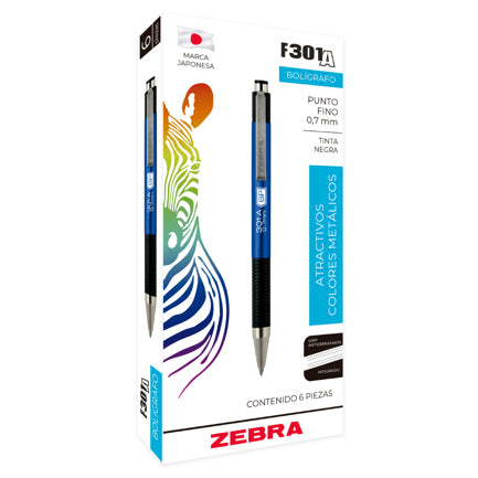 Bolígrafo Zebra F-301 Retráctil Metálico Punto Fino 0.7mm Color Azul C/6 Pzas