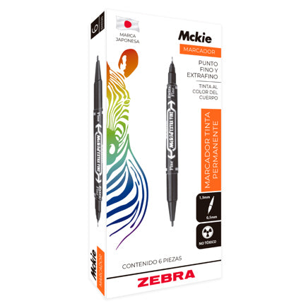 Marcador Permanente Zebra Mckie Doble Punta Fina/Extra Fina Color Negro C/6 Pzas
