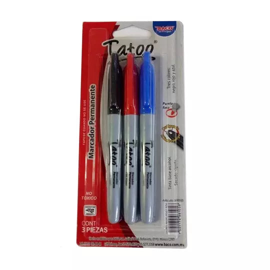 Marcador permanente BACO Tatoo punto blí ster 3 colores básicos