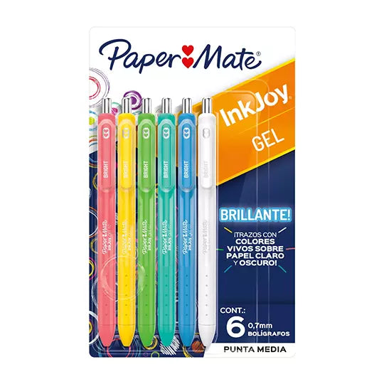 Bolígrafo retráctil Paper Mate Inkjoy Ge l Bright blíster con 6 colores surtid