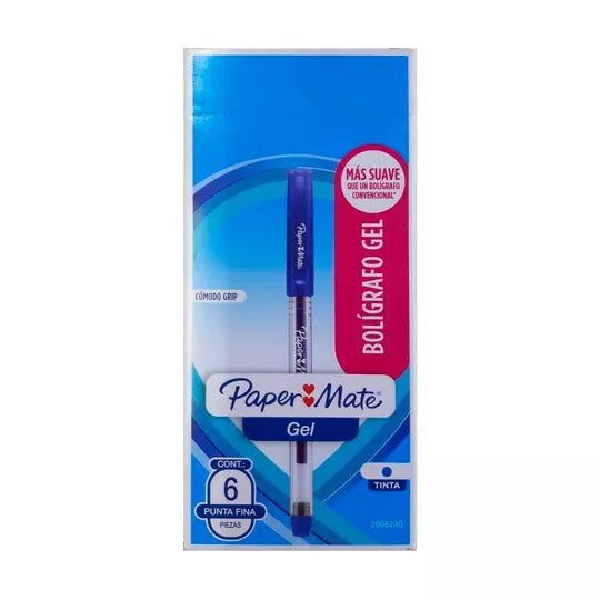 Bolígrafo Gel Papermate Eco Barril Redondo Punto Fino Color Azul C/6 Pzas