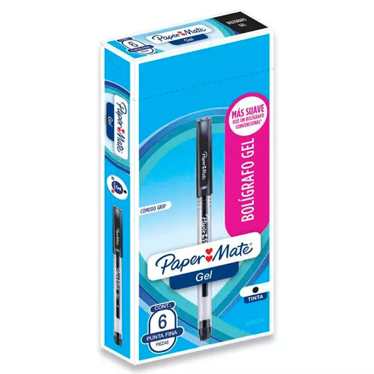 Bolígrafo Gel Papermate Eco Barril Redondo Punto Fino Color Negro C/6 Pzas