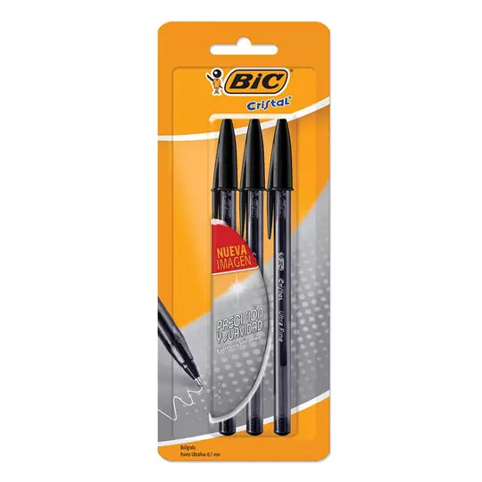 Bolígrafo BIC cristal diamante punto ult ra fino 0.7mm blíster con 3 colores
