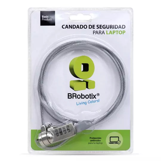 BROBOTIX CANDADO DE SEGURIDAD PARA LAPTOP,  PORTATIL TIPO K-SLOT (TIPO T-BAR®) DE COMBINACION, DE 1.8 METROS, CABLE DE ACERO DE 4MM DE DIÁMETRO RESISTENTE, COLOR PLATA