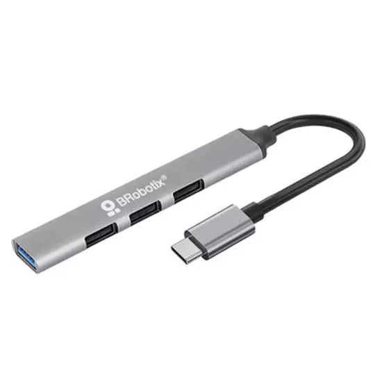 BROBOTIX HUB USB 3.0 CON 4 PUERTOS USB-A, CONECTOR TIPO C, PLUG AND PLAY. COLOR PLATA