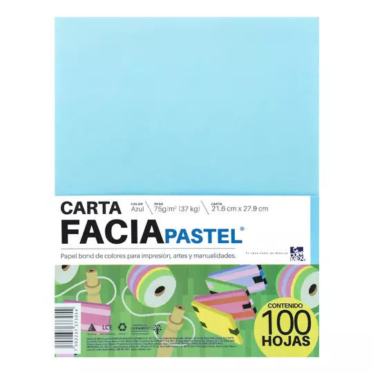 Paquete de hojas de color Facia Pastel t amaño carta color azul 75gr 100 hojas
