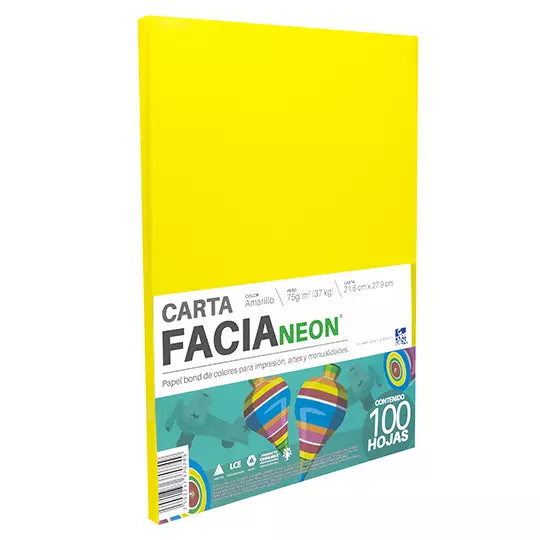 Paquete de hojas de color Facia Neon tam año carta color amarillo 75gr 100 hojas