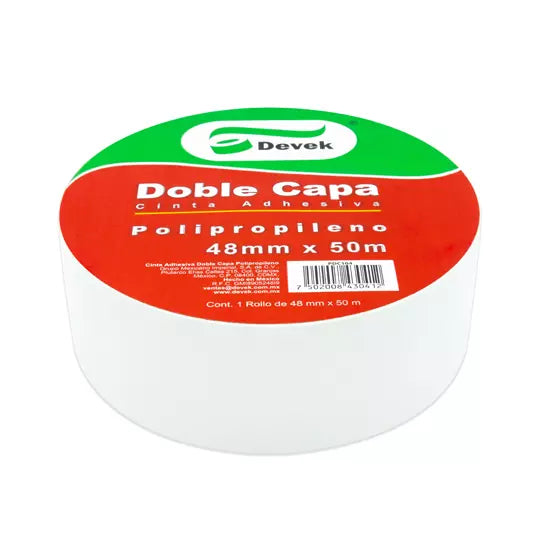 Cinta doble capa DEVEK 48 mm x 50 m colo r blanco, cinta de polipropileno
