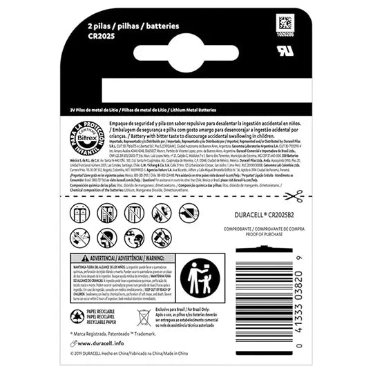 Pila Duracell de litio modelo 2025, blís ter de 2 piezas.
