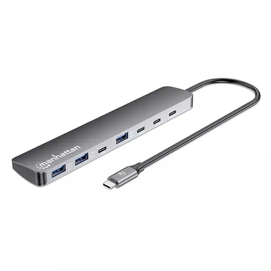 Manhattan Concentrador USB - USB Tipo C - 640MB/s, 1.25GB/s - Portátil, Unidad de estado sólido, Lector de tarjetas, Mouse, Teclado, Unidad flash, De Escritorio - Pórtatil - Gris - 7 Total USB Port(s) - PC, Mac