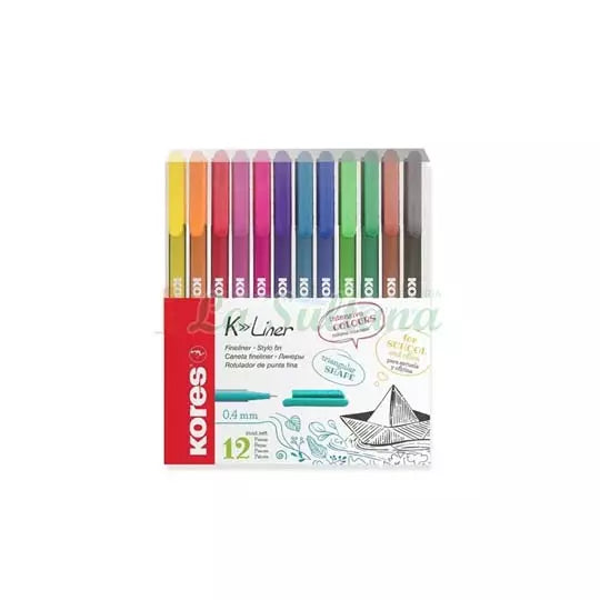Rotuladores Kores K-Liner punto 0.4 estu che con 12 colores surtidos.